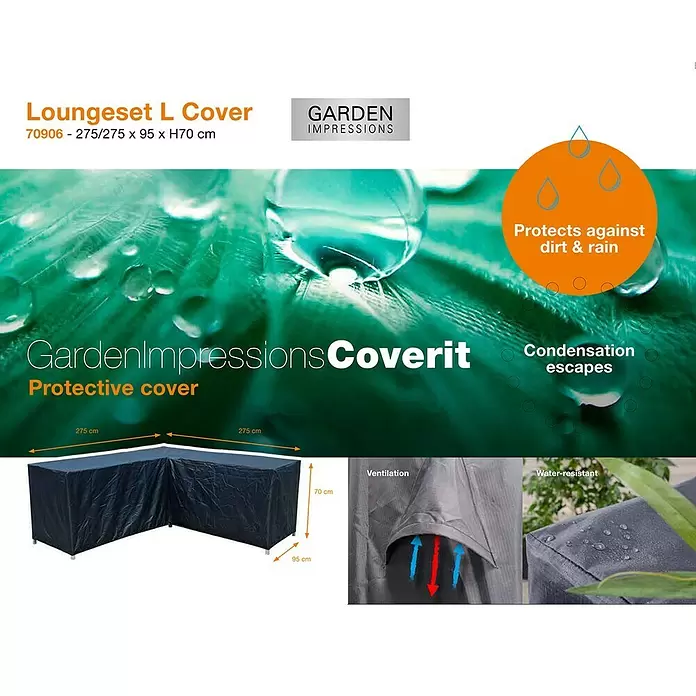 Garden Impressions Loungemöbel-Schutzhülle - L x B x H: 275 x 95 x 70 cm, 300D Ripstop-PES-Oxford, TPU-Beschichtung, Dunkelgrau - Schwarze L-förmige Schutzhülle für Loungeset, wasserabweisend, belüftet, 275x275x95xH70cm.