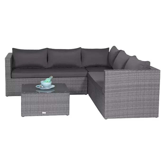 Garden Impressions Garten-Loungesessel Montana - 1 Stk., Polyrattan, Dunkelgrau, B x T x H: 74 x 74 x 64 cm - Graues Rattan L-förmiges Outdoor-Sofa mit dunkelgrauen Kissen und passendem Couchtisch.