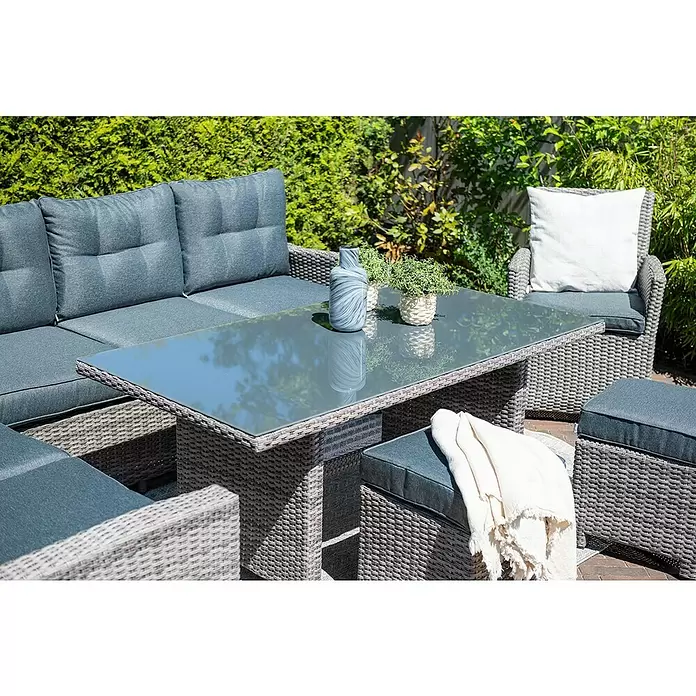 Garden Impressions Loungemöbel-Set Blue Bird - 4 -tlg., Aluminium, Polyester, Glas, Links, Grau - Graues Polyrattan-Loungeset mit dunkelgrauen Kissen und Glastisch, ideal für gemütliche Stunden im Freien.