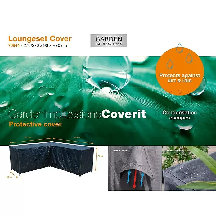 Garden Impressions Loungemöbel-Schutzhülle - L x B x H: 270 x 90 x 70 cm, 300D Ripstop-PES-Oxford, TPU-Beschichtung, Dunkelgrau - Schwarze L-förmige Loungeset-Abdeckung, 270x270x90xH70 cm, schützt vor Schmutz/Regen, mit Belüftung und wasserabweisendem Material.