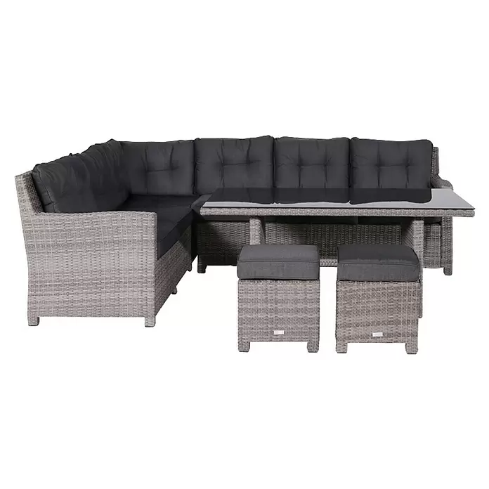 Garden Impressions Loungemöbel-Set Blue Bird - 4 -tlg., Aluminium, Polyester, Glas, Links, Grau - Hellgraues Rattan-Garten-Ecksofa-Set mit dunklen Kissen, Glastisch und zwei Hockern.