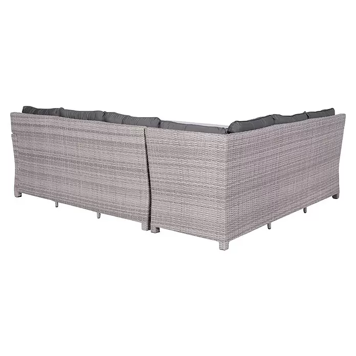 Garden Impressions Loungemöbel-Set Blue Bird - 4 -tlg., Aluminium, Polyester, Glas, Links, Grau - Helles graues Rattan-Ecksofa für den Außenbereich mit dunkelgrauen Kissen.