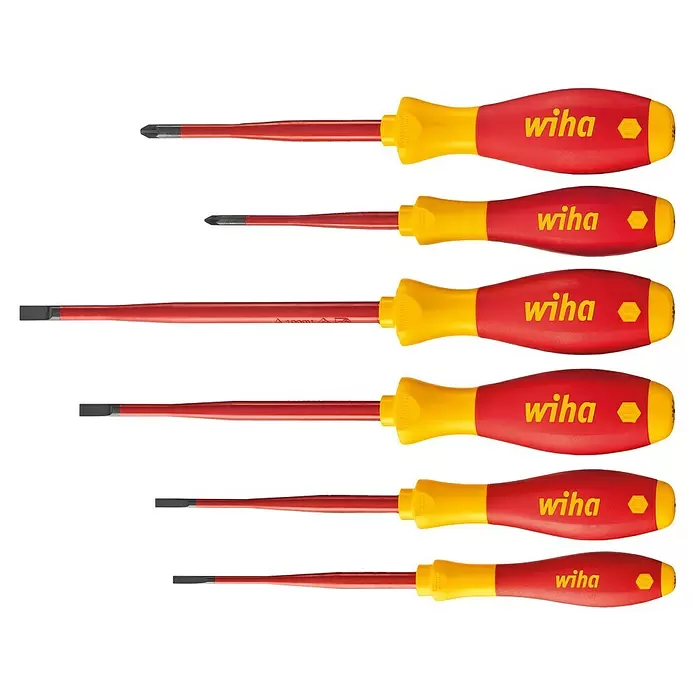 Wiha Schraubendreher-Set SoftFinish® electric slimFix VDE - 6 -tlg., SL, PZ - Satz isolierter Schraubendreher mit rot-gelben Griffen, mit verschiedenen Kreuzschlitz- und Schlitzspitzen.