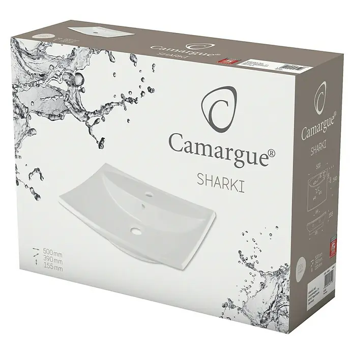 Camargue Waschbecken Sharki - B x L: 50 x 39 cm, Ohne Spezialglasur, Hahnloch: Mitte, Mit Überlauf, Weiß - Kartonverpackung mit der Camargue SHARKI Waschbecken-Serie, die ein stilvolles und modernes Design für Ihr Badezimmer bietet.