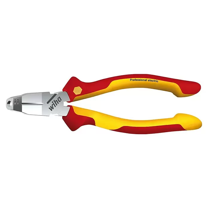 Wiha Elektro-Installationszange TriCut - Länge: 170 mm - Rot-gelb isolierte Profi-Elektrikerzange mit silbernen Backen, Wiha-Logo und Abisolier-Lehren.