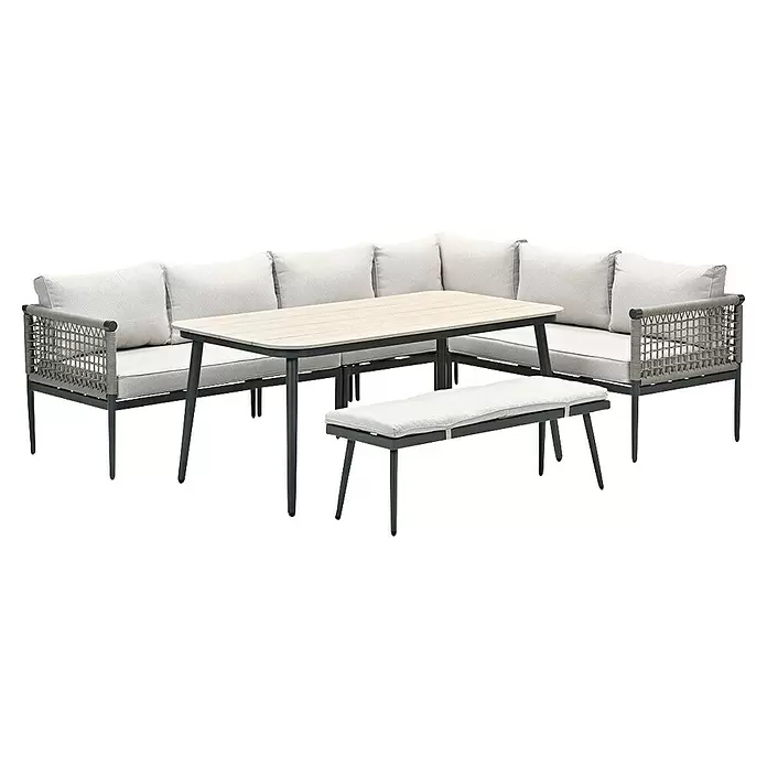 Garden Impressions Loungemöbel-Set Teramon - Aluminium, Qualicord, Schwarz/Taupe - Outdoor-Ecksofa mit hellgrauen Kissen, Esstisch mit heller Holzplatte und passender Bank, alle mit dunklen Rahmen.