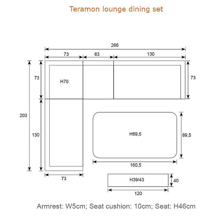 Garden Impressions Loungemöbel-Set Teramon - Aluminium, Qualicord, Schwarz/Taupe - Technische Zeichnung eines Teramon Lounge-Ess-Sets mit Maßen, inklusive Sofa, Tisch und Kissen.