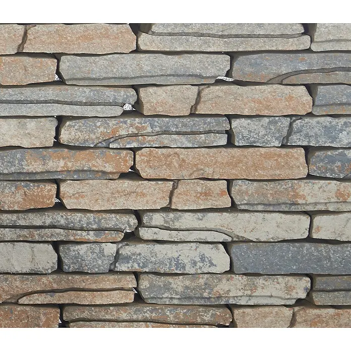 EHL Mauerstein Burgundermauer - Grauwacke, 40 x 18 x 8 cm, Beton - Steinmauerwerk mit horizontal angeordneten, mehrfarbigen Steinen in Grau- und Brauntönen. Die Steine variieren in Größe und Form.