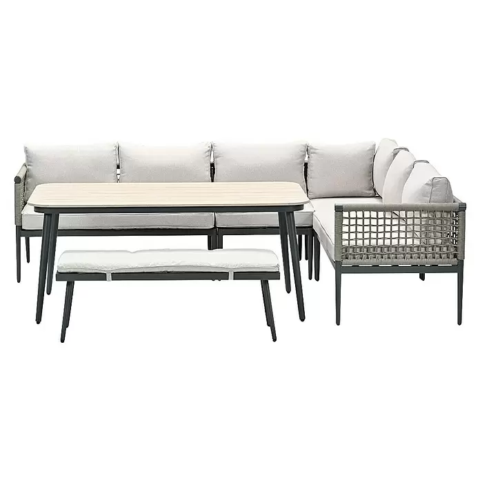 Garden Impressions Loungemöbel-Set Teramon - Aluminium, Qualicord, Schwarz/Taupe - Graue Metall-Garten-Eckbank mit hellgrauen Polstern, hellem Holztisch und passender Bank.