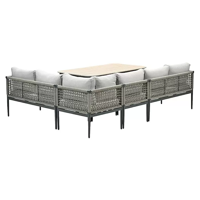 Garden Impressions Loungemöbel-Set Teramon - Aluminium, Qualicord, Schwarz/Taupe - Graues Outdoor-Ecksofa aus Korbgeflecht mit hellen Kissen und integriertem hellem Holztisch.