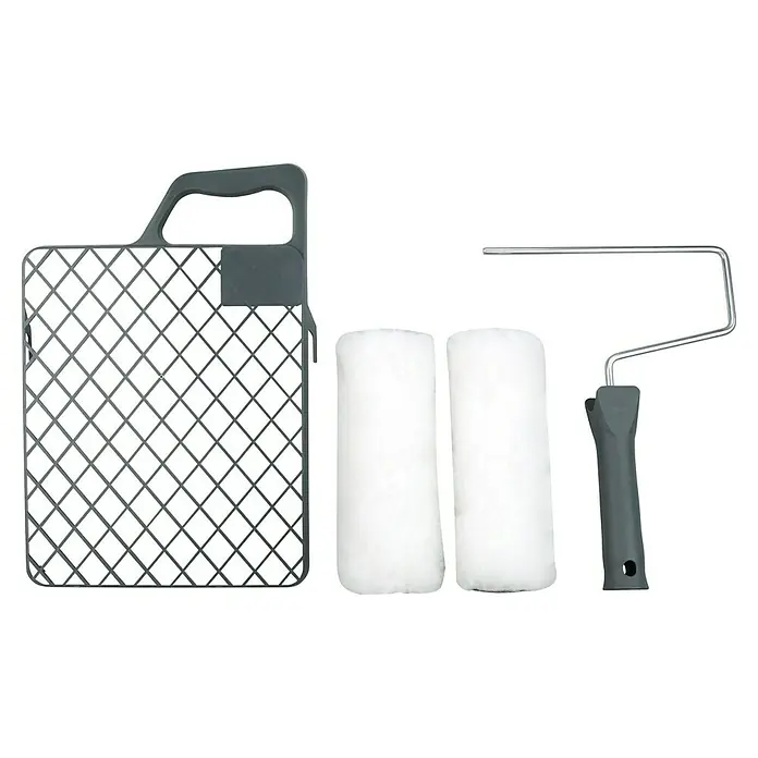 Mako Farbroller-Set Wow Tools - 4 -tlg. - Bild von Malwerkzeugen. Der Malerset enthält einen Gittereimer, zwei Farbwalzen und einen Farbrollerrahmen mit Griff zum präzisen Streichen.