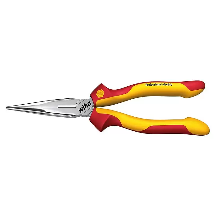 Wiha Professional electric Flachrundzange VDE - Länge: 243 mm, Gerade - Wiha isolierte Spitzzange mit silbernen Backen und rot-gelben Griffen, beschriftet 'Professional electric'.