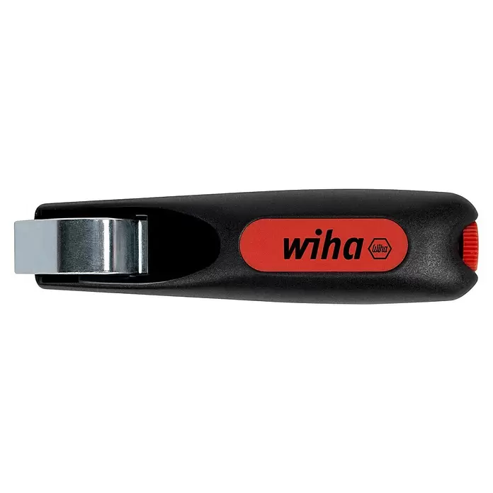 Wiha Kabelabmantelungsmesser mit Schleppklinge - Passend für: Rundkabel 4 - 28 mm - Schwarzer Wiha Werkzeuggriff mit rotem Logofeld und silbernem Drehteil.