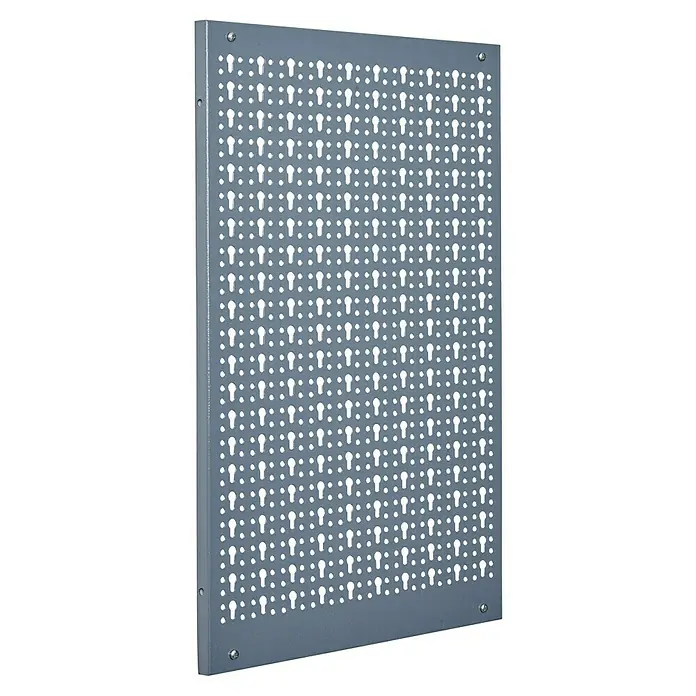 Küpper Hängeschrank - 20 x 40 x 60 cm, Anzahl Türen: 1 Stk. - Ein graues, rechteckiges Lochblech mit gleichmäßig angeordneten Löchern und Hakenaufhängungen zur Werkzeugaufbewahrung.