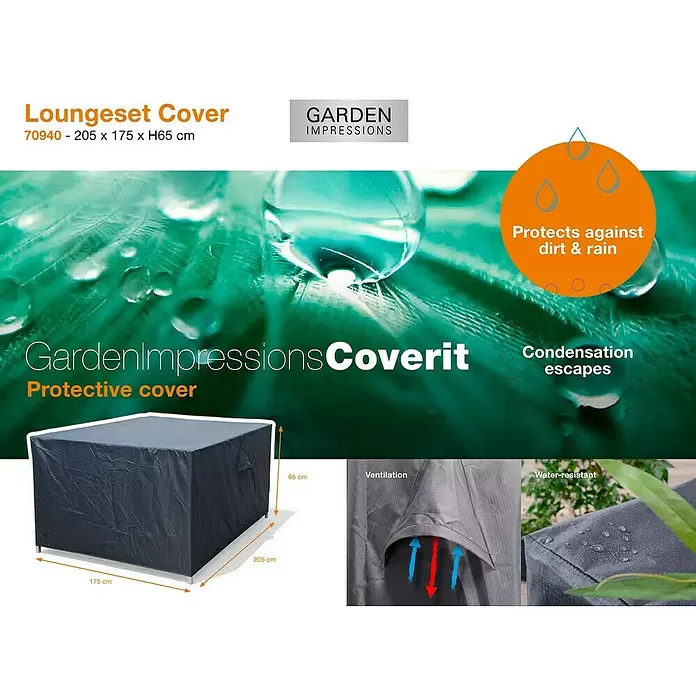 Garden Impressions Loungemöbel-Schutzhülle - L x B x H: 205 x 175 x 65 cm, 300D Ripstop-PES-Oxford, TPU-Beschichtung, Dunkelgrau - Dunkelgraue Loungeset-Abdeckung, 205x175x65 cm, wasserdicht, schützt vor Schmutz und Regen mit Belüftung.