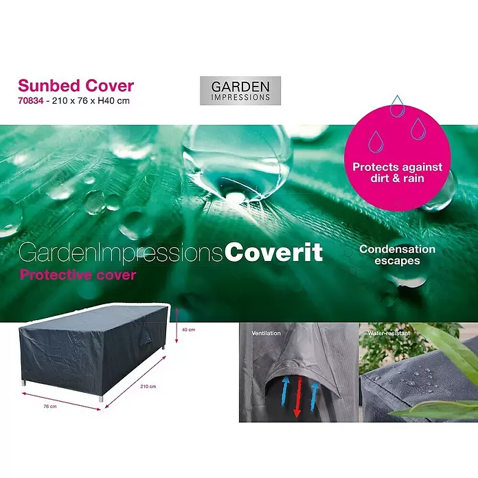 Gartenliege-Schutzhülle - L x B x H: 210 x 76 x 40 cm, 300D Ripstop-PES-Oxford mit TPU-Beschichtung, Dunkelgrau - Dunkelgraue Sonnenliege-Abdeckung (210x76xH40 cm) mit wasserabweisendem Stoff, Belüftung und Schutz vor Schmutz und Regen.