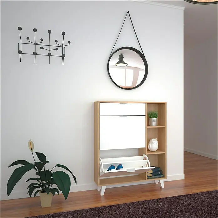 Meka Block Zapatero Nordic - L x An x Al: 25 x 90 x 115 cm, Blanco/Roble - Un moderno zapatero en madera clara y blanco con un espejo y decoraciones en la pared.
