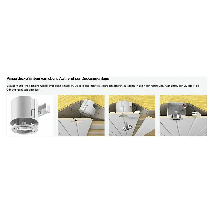 Kaiser Hohlwanddose Einbaugehäuse ThermoX® Gehäuse 9300-01 - Grau - Produktabbildung einer Paneeldecke/Einbauleuchte. Die Leuchte bietet eine sichere und passgenaue Sitz in der Vertäfelung.