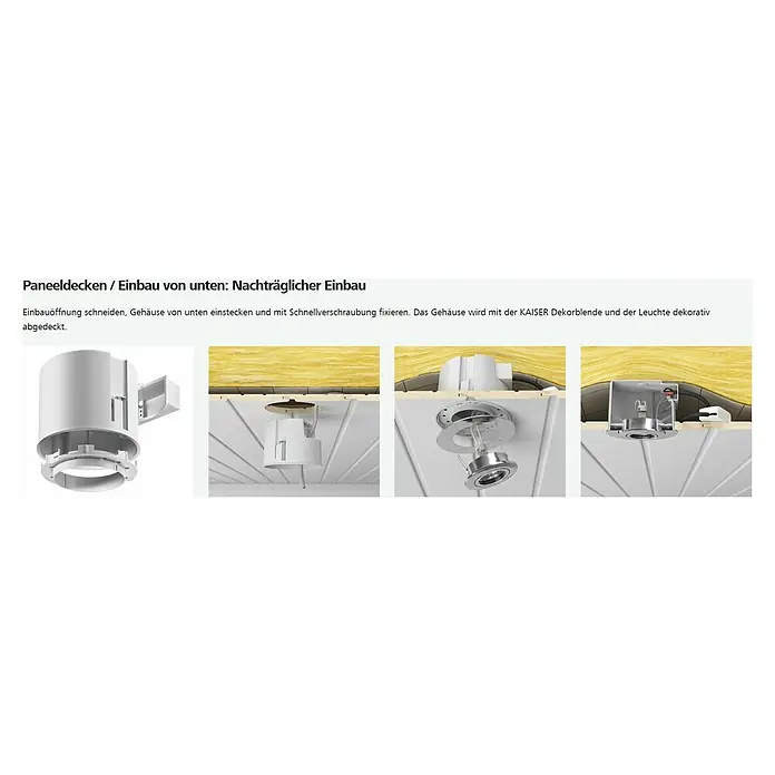 Kaiser Hohlwanddose Einbaugehäuse ThermoX® Gehäuse 9300-01 - Grau - Paneeldecken-Einbauleuchte für den nachträglichen Einbau in Paneeldecken. Das Gehäuse wird von unten eingesetzt und mit Schnellverschraubung fixiert.