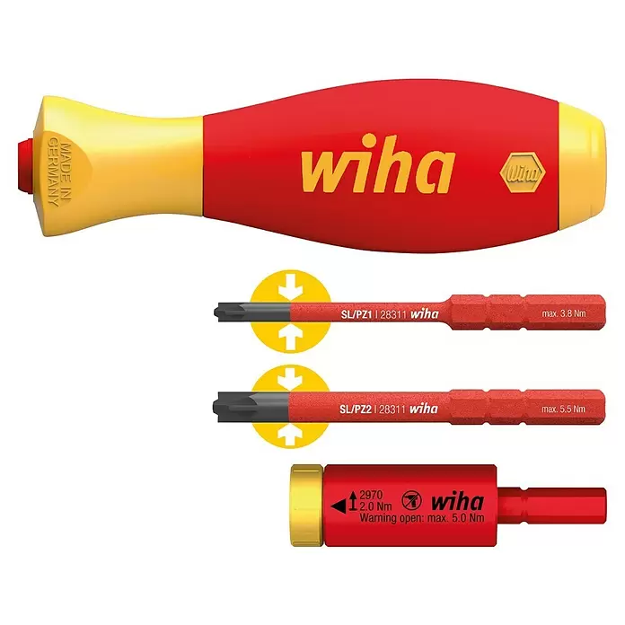 Wiha Drehmomentwerkzeuge-Set easyTorque Adapter electric VDE - Einstellungsbereich: 2 Nm, 4 -tlg. - Wiha Schraubendrehergriff (rot/gelb) mit roten Drehmoment-Bits und Drehmomentadapter.
