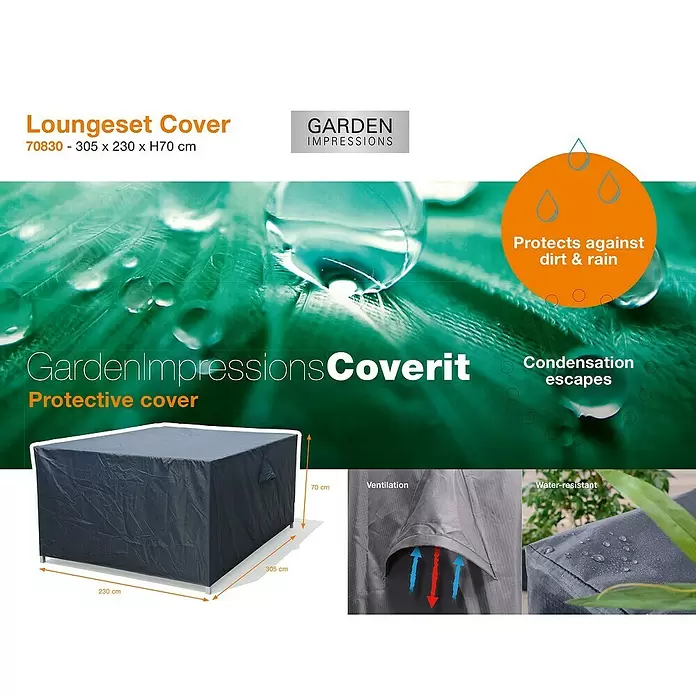 Garden Impressions Loungemöbel-Schutzhülle - L x B x H: 305 x 230 x 70 cm, 300D Ripstop-PES-Oxford, TPU-Beschichtung, Dunkelgrau - Dunkelgraue Schutzhülle für Loungesets (305x230xH70 cm) mit Wasserdichtigkeit und Belüftung für Gartenmöbel.