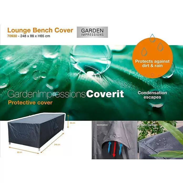 Garden Impressions Loungemöbel-Schutzhülle - L x B x H: 230 x 95 x 70 cm, 300D Ripstop-PES-Oxford, TPU-Beschichtung, Dunkelgrau - Dunkelgraue Garten-Loungesesselabdeckung, Maße (248x88xH65cm) und Merkmale wie Belüftung und Wasserbeständigkeit zeigend.