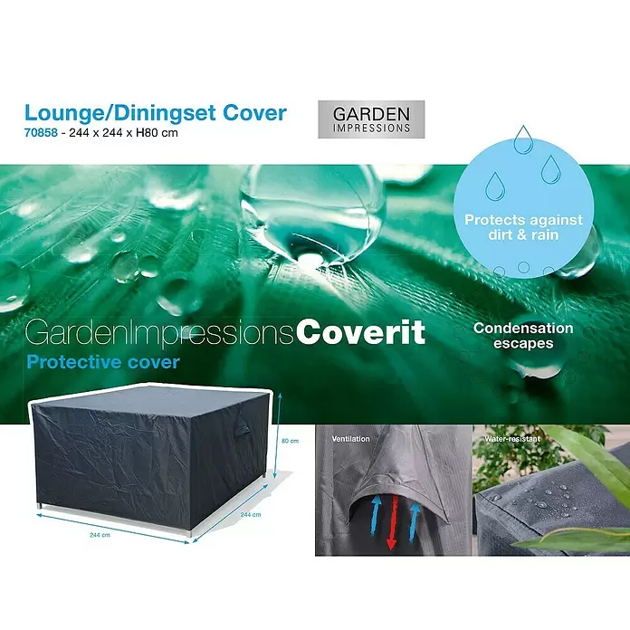 Garden Impressions Sitzgruppen-Schutzhülle - L x B x H: 244 x 244 x 80 cm, 300D Ripstop-PES-Oxford, TPU-Beschichtung, Dunkelgrau - Dunkelgraue Schutzhülle für Lounge/Diningsets, 244x244xH80 cm, wasserabweisend mit Belüftung.