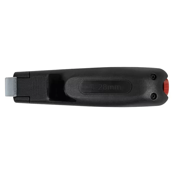 Wiha Kabelabmantelungsmesser mit Schleppklinge - Passend für: Rundkabel 4 - 28 mm - Schwarzer Kabelabisolierer mit silberner Klinge und rotem Einstellrad, beschriftet 4-28mm.