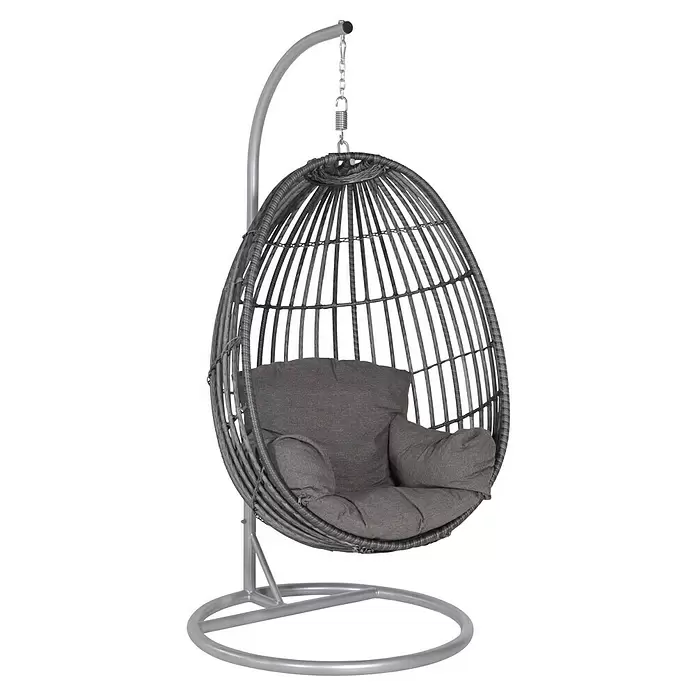 Garden Impressions Hängesessel Panama - L x B x H: 195 x 195 x 90 cm, Metall, Dunkelgrau - Grauer Rattanschaukelstuhl in Ei-Form mit grauem Metallgestell und grauen Kissen.