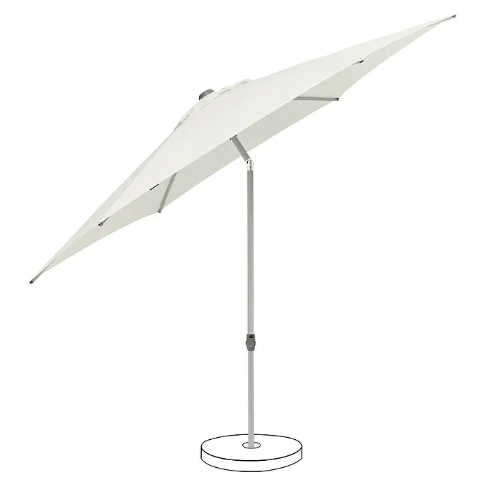 Suncomfort Marktschirm rund Pop Up - Sandweiß, Durchmesser Bespannung: 300 cm - Elegantes Bild eines weißen Sonnenschirms auf einem silbernen Ständer. Ideal für entspannte Stunden im Freien und zum Schutz vor der Sonne.