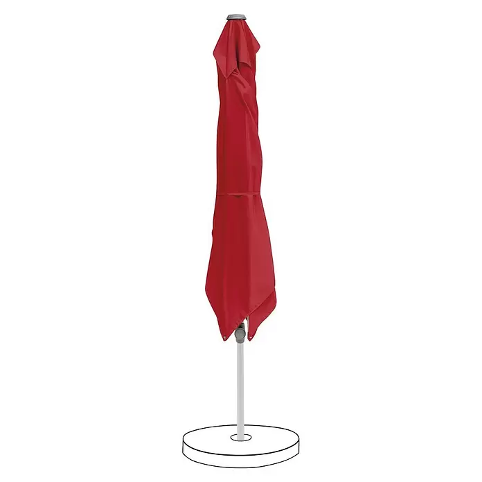 Suncomfort Marktschirm Pop Up - Aurora Rot, Bespannungsmaß (L x B): 200 x 250 cm - Geschlossener roter Sonnenschirm mit weißem Mast und grauem Rundfuß.