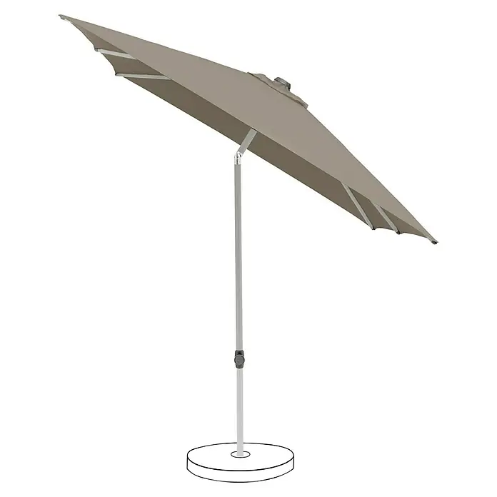 Suncomfort Marktschirm Pop Up - Light Taupe, Bespannungsmaß (L x B): 200 x 250 cm - Abbildung eines geneigten Sonnenschirms mit robustem Ständer, ideal für Schatten und Schutz vor der Sonne im Freien.