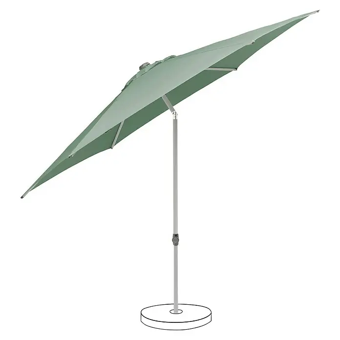 Suncomfort Marktschirm rund Pop Up - Frost-Grün, Durchmesser Bespannung: 300 cm - Ein grüner Sonnenschirm steht auf einem weißen Sockel und bietet Schatten an sonnigen Tagen. Der Schirm ist leicht geneigt.