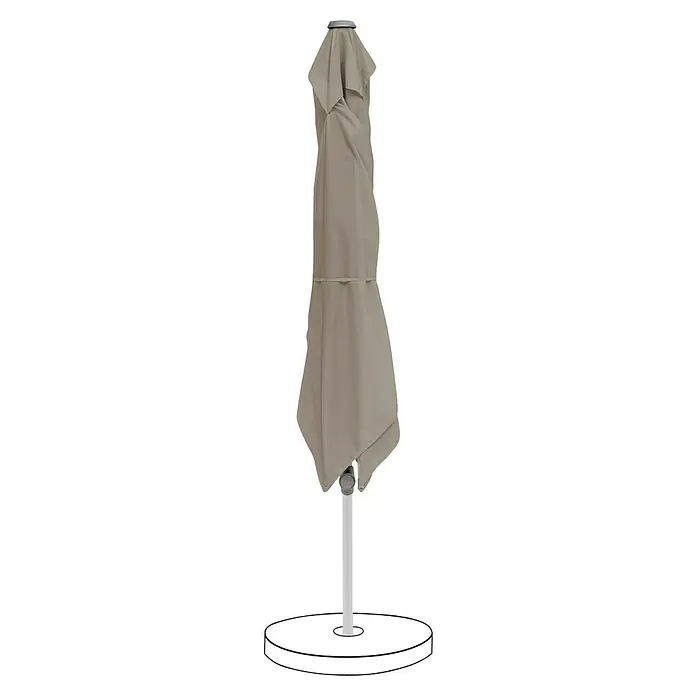 Suncomfort Marktschirm Pop Up - Light Taupe, Bespannungsmaß (L x B): 200 x 250 cm - Abgebildeter, geschlossener Gartenschirm in Beige. Der Schirm steht auf einem weißen Ständer und ist bereit für sonnige Tage im Garten.