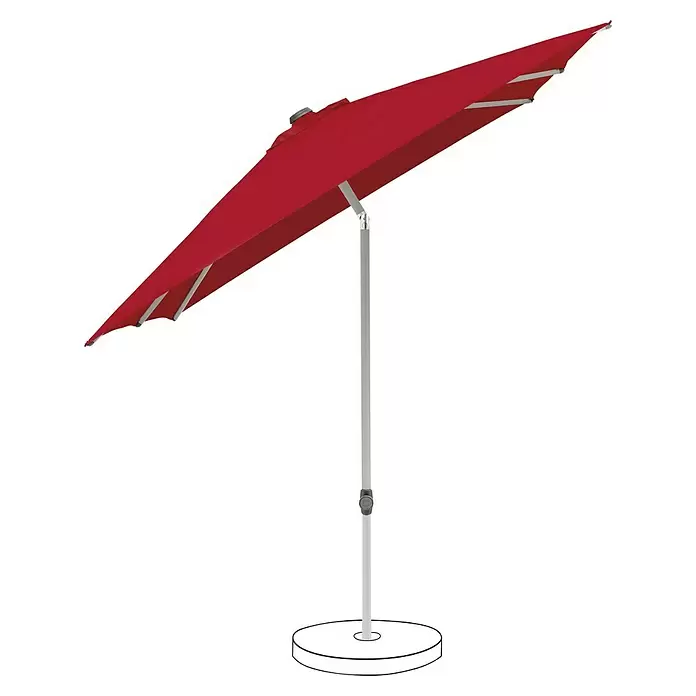 Suncomfort Marktschirm Pop Up - Aurora Rot, Bespannungsmaß (L x B): 200 x 250 cm - Roter Sonnenschirm mit weißem Mast und rundem Fuß, zum Schatten spenden geneigt.