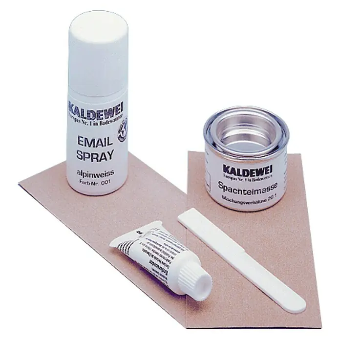 Kaldewei Reparatur-Set - Alpinweiß - KALDEWEI Email-Reparaturset mit Email Spray, Spachtelmasse, Härter und Spachtel für die Ausbesserung von Emailleoberflächen.
