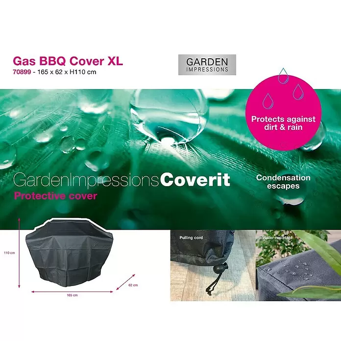 Garden Impressions Grill-Schutzhülle - (B x T x H): 165 x 62 x 110 cm, 300D Ripstop-PES-Oxford, TPU-Beschichtung, Dunkelgrau - Schwarze wasserabweisende Gasgrillabdeckung (165x62xH110 cm) mit Zugband, schützt vor Schmutz/Regen, lässt Kondenswasser entweichen.