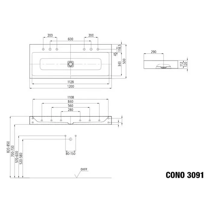 Kaldewei Waschtisch Cono - 120 x 50 cm, Mit schmutzabweisender Glasur, Hahnloch: Links, Ohne Überlauf, Weiß - Technische Zeichnung des Cono 3091 Waschbeckens mit Maßen für Installation und Design.