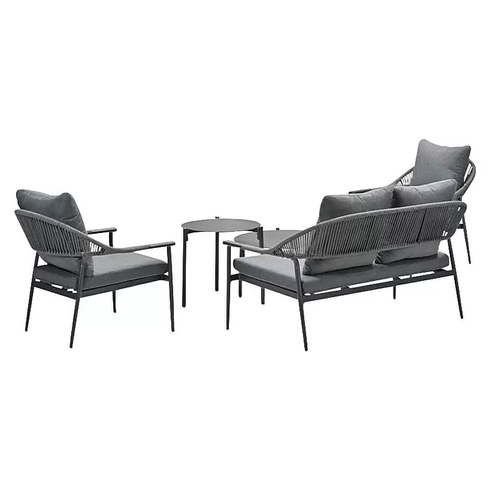 Garden Impressions Loungemöbel-Set Santiago - 5 -tlg., Aluminium, Grau/Anthrazit - Graues Outdoor-Lounge-Set mit Zweiersofa, Sessel und zwei runden Tischen, mit geflochtenen Rückenlehnen und dunklen Metallrahmen.