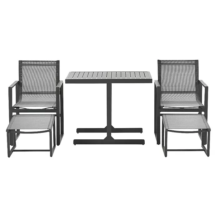 Garden Impressions Balkonmöbel-Set Alabama - 5 -tlg., Aluminium, Textilene, Schwarz/Anthrazit - Dunkelgraues Terrassenset mit zwei Stühlen, zwei Hockern und einem rechteckigen Lamellentisch, mit hellgrauem Netzgewebe.