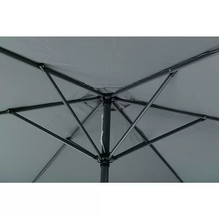 Garden Impressions Marktschirm rund Delta - Dunkelgrau, Durchmesser Bespannung: 300 cm - Unterseite eines grauen Sonnenschirms mit dunklem Gestell und Streben.