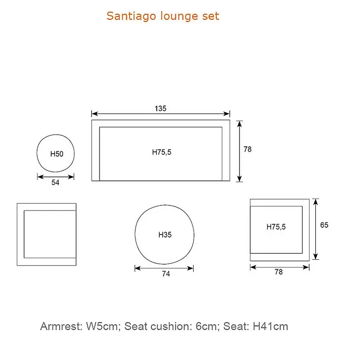 Garden Impressions Loungemöbel-Set Santiago - 5 -tlg., Aluminium, Grau/Anthrazit - Schematische Zeichnung des Santiago Lounge-Sets: Sofa, Sessel, zwei Tische mit Maßen. Inkl. Armlehne (B5cm), Kissen (6cm), Sitzhöhe (H41cm).