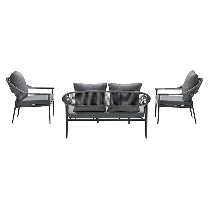 Garden Impressions Loungemöbel-Set Santiago - 5 -tlg., Aluminium, Grau/Anthrazit - Graue Outdoor-Sitzgruppe mit zwei Einzelsesseln und einem Zweisitzer-Sofa mit Seildetails.
