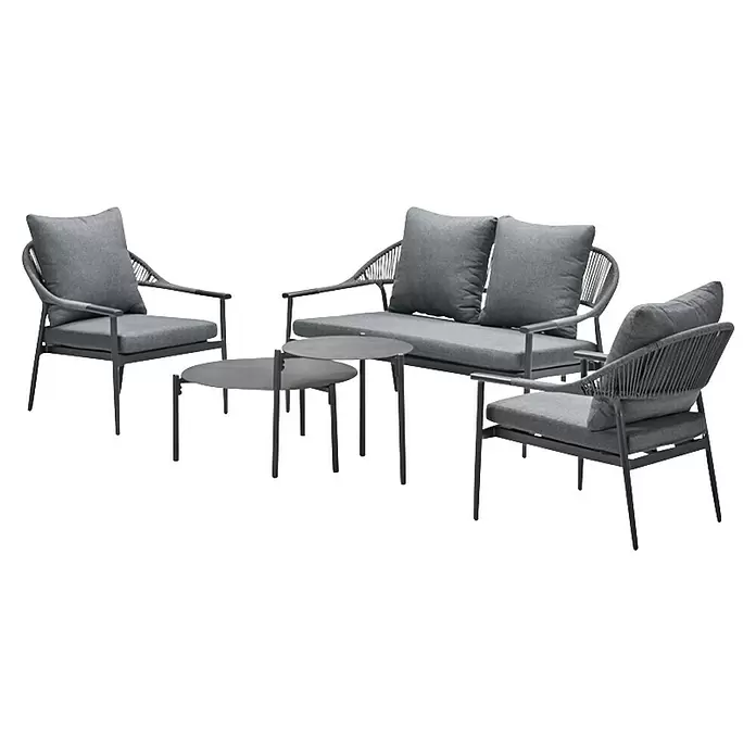 Garden Impressions Loungemöbel-Set Santiago - 5 -tlg., Aluminium, Grau/Anthrazit - Graues Outdoor-Loungeset mit Seildetails, bestehend aus Sessel, Zweisitzer-Sofa und zwei runden Couchtischen.