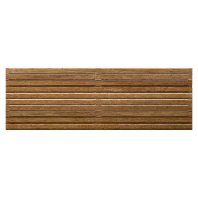 Wandfliese Spa Cuero Dekor - 30 x 90 cm, Braun, Matt - Nahaufnahme einer Holzpaneelwand mit horizontalen Leisten, die eine warme, natürliche Textur und ein modernes Design zeigt.