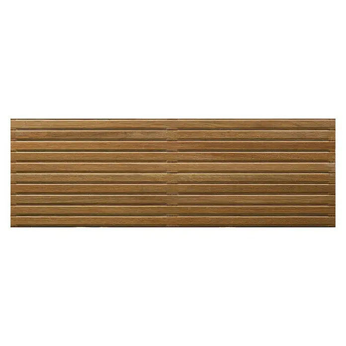 Wandfliese Spa Cuero Dekor - 30 x 90 cm, Braun, Matt - Nahaufnahme einer Holzpaneelwand mit horizontalen Leisten, die eine warme, natürliche Textur und ein modernes Design zeigt.