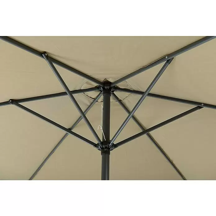 Garden Impressions Marktschirm rund Delta - Taupe, Durchmesser Bespannung: 300 cm - Unterseite eines geöffneten Sonnenschirms mit dunkelgrauem Metallrahmen und beigem Stoffdach.