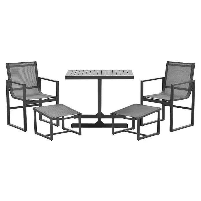 Garden Impressions Balkonmöbel-Set Alabama - 5 -tlg., Aluminium, Textilene, Schwarz/Anthrazit - Dunkelgraues Outdoor-Barset: ein Lattenrosttisch, zwei Barstühle mit Netzsitzen und zwei passende Fußstützen.