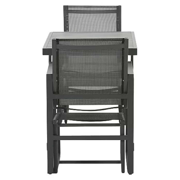 Garden Impressions Balkonmöbel-Set Alabama - 5 -tlg., Aluminium, Textilene, Schwarz/Anthrazit - Dunkelgrauer Outdoor-Bartisch mit zwei Barhockern, ausgestattet mit Netzsitzflächen und Rückenlehnen.