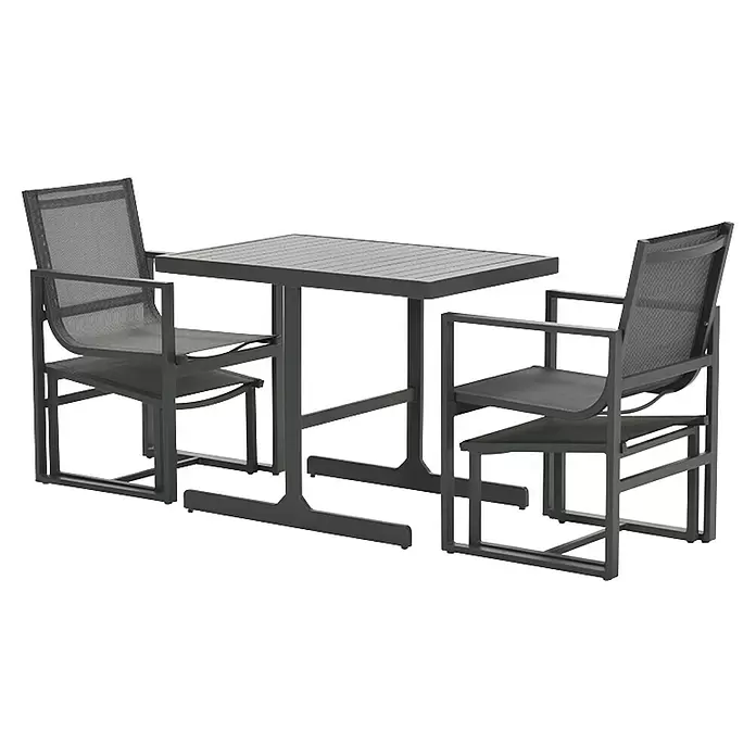 Garden Impressions Balkonmöbel-Set Alabama - 5 -tlg., Aluminium, Textilene, Schwarz/Anthrazit - Dunkelgraue Outdoor-Essgruppe: rechteckiger Lattenrosttisch und zwei Stühle mit Netzgewebe-Sitzen und -Rückenlehnen.